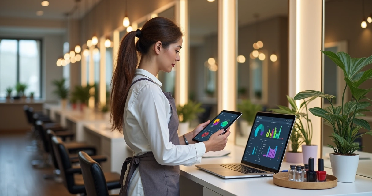 Dona de salão analisando painel digital de gestão ao lado de estação de trabalho de beleza
