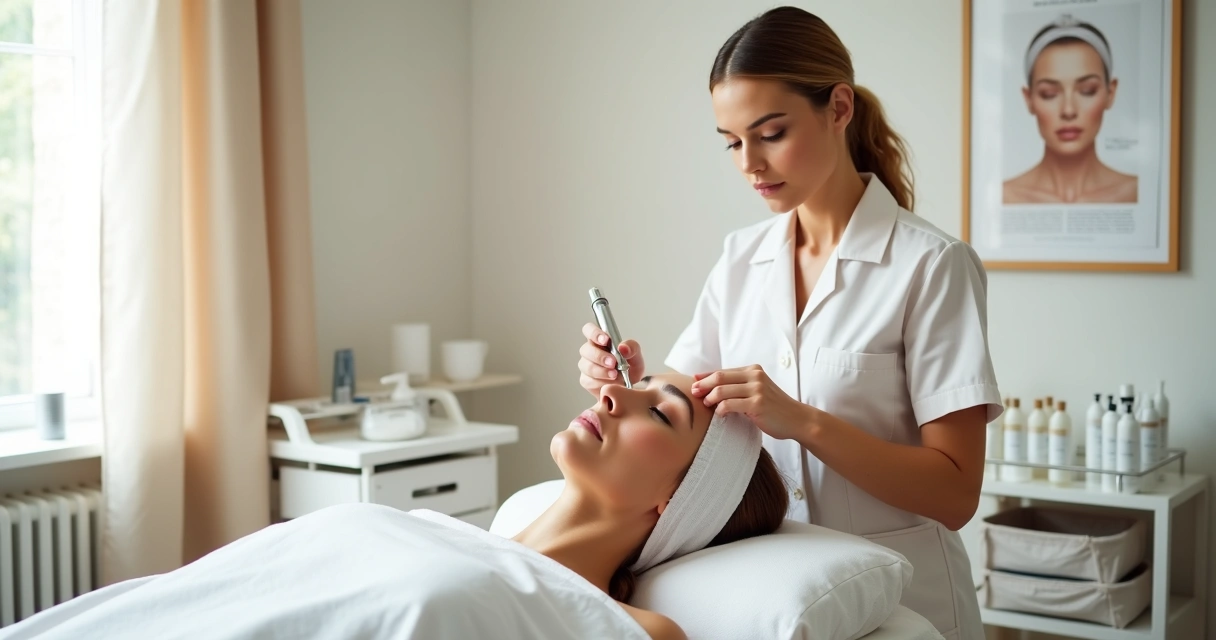 Profissional de estética fazendo limpeza de pele em maca de clínica moderna