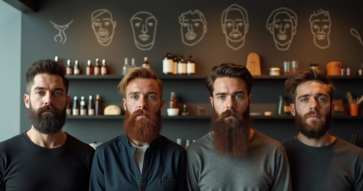 Painel com diferentes tipos de barba em rostos masculinos de formatos variados
