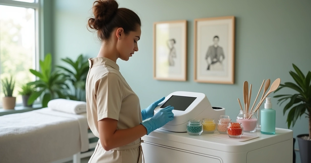 Esteticista ajustando equipamento moderno de depilação em clínica iluminada