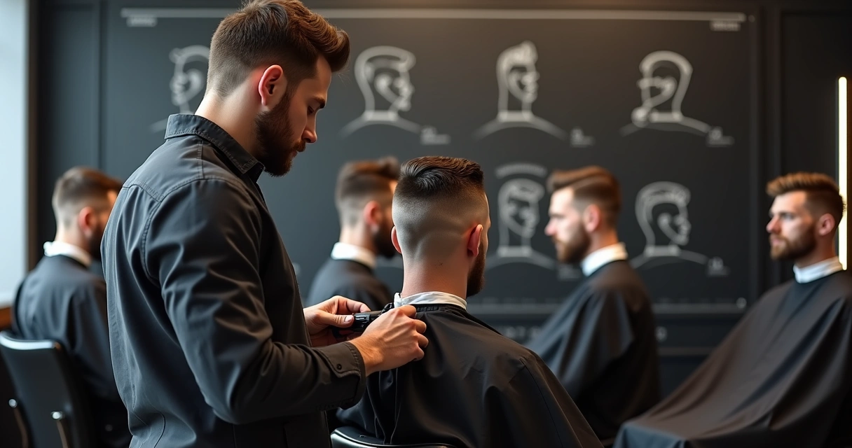 Barbeiro alinhando diferentes cortes militares em cotães masculinos com painel de referências ao fundo